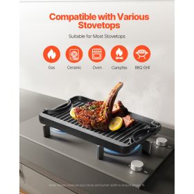 Reversible Grill/Griddle, 14x8.5 inch Pre-Seasoned Cast Iron Griddle, Portable Rectangular Pan with Handle