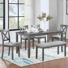 6 Piece Kitchen Dining Set, Rectangular Wooden Dining Table with 4 Upholstered Chairs and a Bench, Dining Table Set for 6 People, Living Room