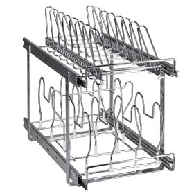 Pan and Pot Rack, 2-Tier Expandable Pull Out Under Cabinet Organizer, Cookie Sheet Baking Pans Tray Racks, Adjustable Wire Dividers