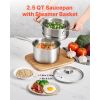 2.5 QT Saucepan with Steamer, Stainless Steel Saucepan with Glass Lid, Multipurpose Nonstick Stainless Steel Sauce Pot with Ergonomic Handle