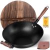 WANGYUANJI 12.59" Cast Iron Wok Pan, Flat Bottom with Wooden Handle and Lid, Large Wok Stir Fry Pan Suitable for All Cooktops