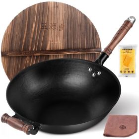 WANGYUANJI 12.59" Cast Iron Wok Pan, Flat Bottom with Wooden Handle and Lid, Large Wok Stir Fry Pan Suitable for All Cooktops