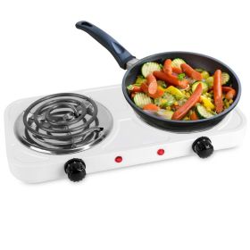 2 Color Options -- 1Pc 2000W Electric Double Burner Portable Coil Heating Hot Plate Stove Countertop RV Hotplate With Non Slip Rubber Feet 5 Temp (Option: White)