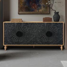 Black Carved Symmetrical Design Door And Wood Coloured Frame For TV Stand Table,Living Room ,Entryway (Option: Black Natural)