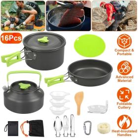 Set Of 16Pcs Camping Cooking Ware Camping Stove Cookware Kit Aluminum Kettle With Bowls Knife Fork Spoon Carabiner Spatula Cutting Board For Hiki (Option: CookwareSet)