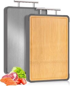 Cutting Boards for Kitchen - Food Grade Double Sided Pure Titanium& Bamboo Chopping Board with Handle (Color: 16Ã—11)